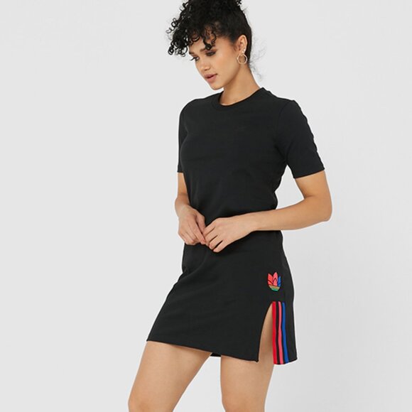 Adidas Adicolor Black Red Side Stripe 3D Trefoil Logo Short Sleeve T-Shirt Dress - Picture 1 of 7